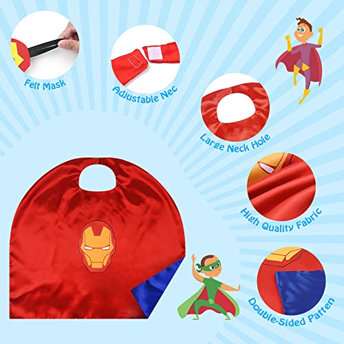 URAQT Capas de Superhéroes para Niños, 3pcs Capa y Máscara de Superhéroe de Satén de Doble Cara, Disfraces Infantiles para Cosplay Halloween Navidad, Juguetes de Superhéroe para Niños Niñas (6 Roles)