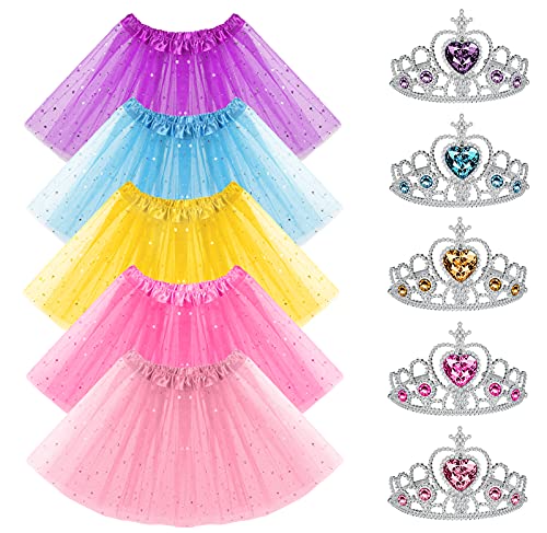 URAQT Disfraz Niñas, 5 Set Falda Tutú Fiesta de Tul con Corona de Princesa, Cintura Elástica Layered Tutu Skirt , Disfraz de Princesa de Niñas para Danza Rendimiento Fiesta Ballet Boda de 3-8 años