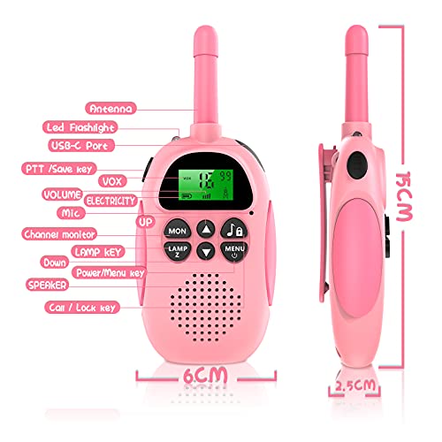 Ushining Walkie Talkie para Niños, Walkie Talkie Recargable con Radio de 2 vías 16 Canales Función VOX 10 Tonos de Llamada LCD Retroiluminado Linterna, Regalo para Niños y Niñas