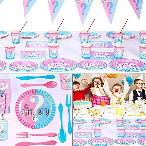 Vajilla de Fiesta para Niño o Niña, 51 piezas Vajilla Niño Niña, Vajilla para Revelar el Género del Bebé, Platos, Tazas, Tenedor, Servilletas, Pancartas, para Suministros Fiestas Baby Shower