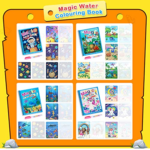 Vamei 4 Piezas Libro de Dibujo de Agua Mágica Reutilizable Libro para Colorear de Agua con Magico Pluma Educativo Doodle Pintar Juguetes para Niños Pequeños Edades 3 Años +