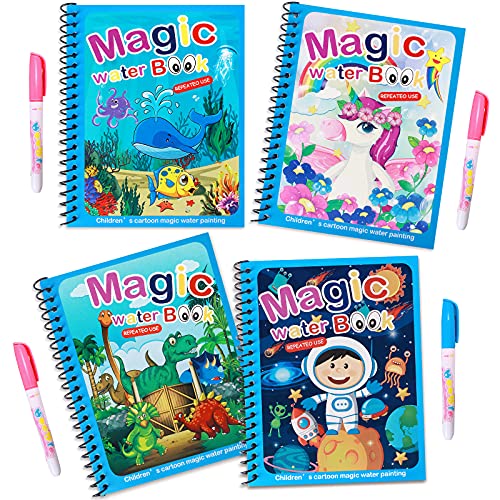 Vamei 4 Piezas Libro de Dibujo de Agua Mágica Reutilizable Libro para Colorear de Agua con Magico Pluma Educativo Doodle Pintar Juguetes para Niños Pequeños Edades 3 Años +