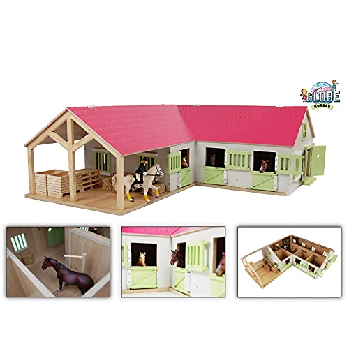 Van Manen Kids Globe Horses 610210 - Establo de Caballos de Madera (Escala 1:24, con Puertas, Ventanas y Techo móviles), Color Rosa