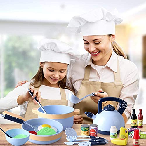 Veluoess 30 Piezas Juguete de Cocina para Niños,Juguete de Comida con Macetas Sartenes Utensilios de Cocina y Accesorios para Alimentos,Juguete de Imitación Regalos Educativos para Niños y Niñas(AZUL)