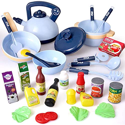 Veluoess 30 Piezas Juguete de Cocina para Niños,Juguete de Comida con Macetas Sartenes Utensilios de Cocina y Accesorios para Alimentos,Juguete de Imitación Regalos Educativos para Niños y Niñas(AZUL)