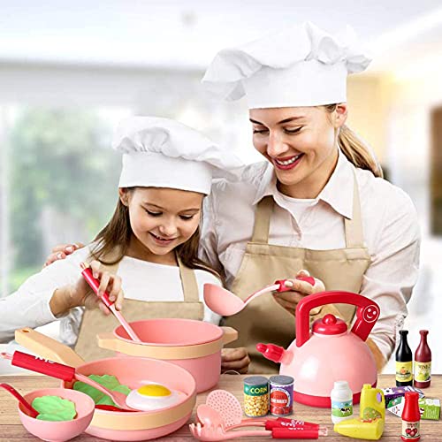 Veluoess 30 Piezas Juguete de Cocina para Niños,Juguete de Comida con Macetas Sartenes Utensilios de Cocina y Accesorios para Alimentos,Juguete de Imitación Regalos Educativos para Niños y Niñas(ROSA)