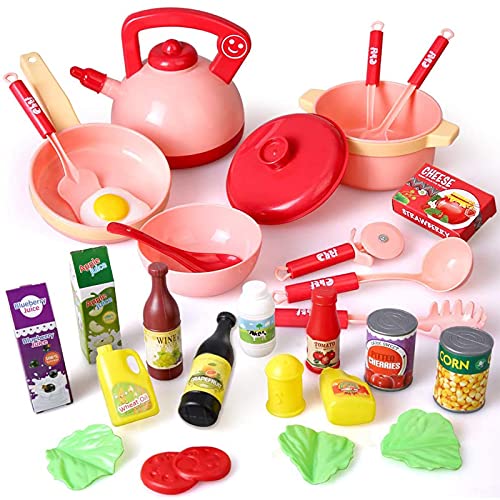 Veluoess 30 Piezas Juguete de Cocina para Niños,Juguete de Comida con Macetas Sartenes Utensilios de Cocina y Accesorios para Alimentos,Juguete de Imitación Regalos Educativos para Niños y Niñas(ROSA)