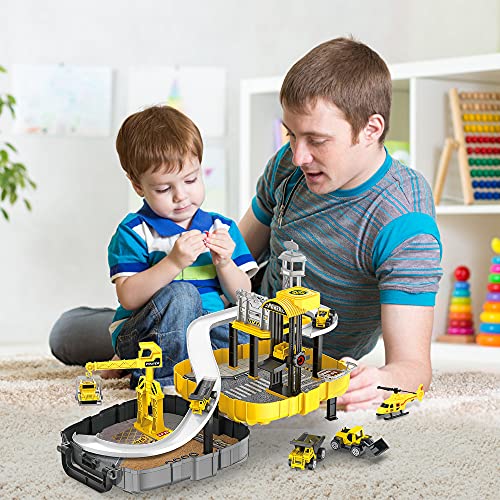 Veluoess Garaje Coches Juguete, Juego de Garaje Infantil Parking para Niños Juguete de Obra con 4 Mini Camiones y Helicóptero Juguete de Pista de Garaje para Niños