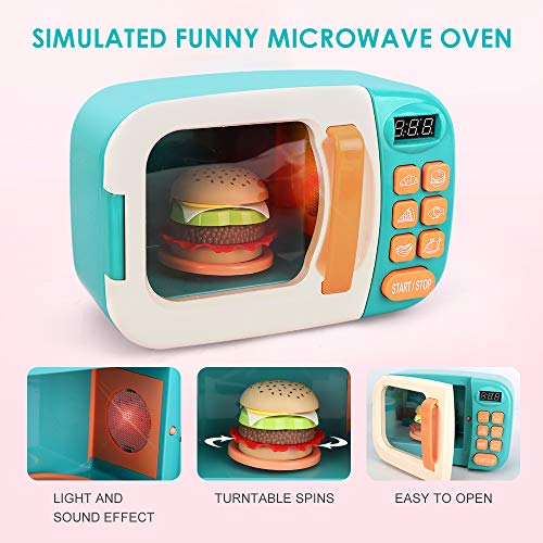 Veluoess Horno de Microondas de Juguete, Juguete de Microondas Horno Cocina con Luz y Sonido Cocción Simulación de la Hamburguesa de Cocina Conjunto de Juguete para Niños