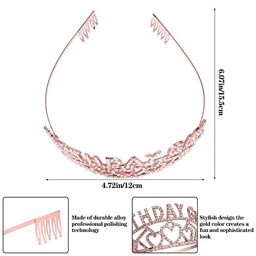 Veraing Corona de cumpleaños con corona de cristal rosa, corona de cumpleaños con corona de princesa, accesorios para el pelo para mujeres, accesorios de fiesta (corona + banda + broche de perla)