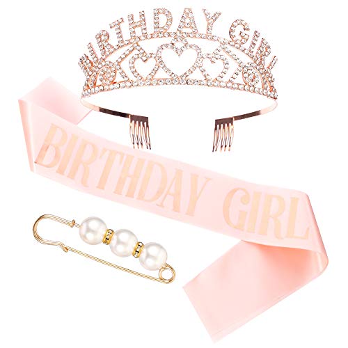 Veraing Corona de cumpleaños con corona de cristal rosa, corona de cumpleaños con corona de princesa, accesorios para el pelo para mujeres, accesorios de fiesta (corona + banda + broche de perla)