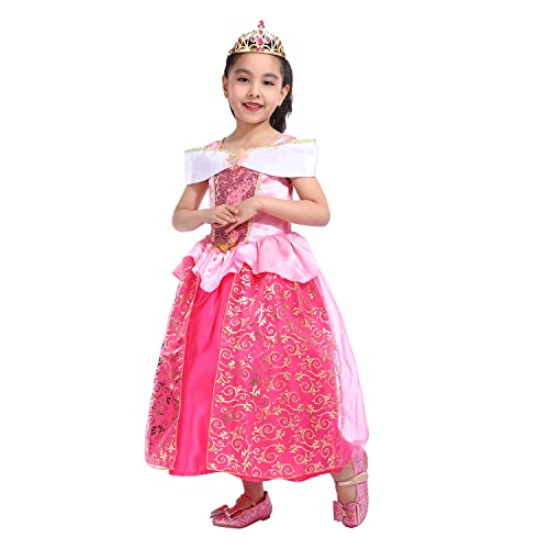 Vestido de princesa aurora bella durmiente para niñas con tiara, disfraz de princesa rosa 3-4 años