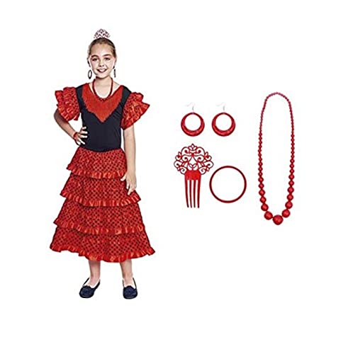 Vestido Sevillanas Niña con Accesorios Flamenca Peineta Collar Pulsera Pendientes Rojo【Tallas Infantiles de 1 a 15 años】[7-9 años] Disfraz Sevillana Traje Flamenca Volantes Feria Abril Sevilla Baile