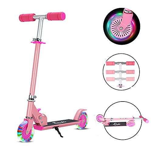 Vinteky Patinete Infantil Altura Ajustable Patinetes para Niños con Ruedas de Luz LED Scooter Plegable para Niños a Partir de 6 Años (Rosa)