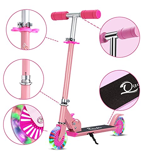 Vinteky Patinete Infantil Altura Ajustable Patinetes para Niños con Ruedas de Luz LED Scooter Plegable para Niños a Partir de 6 Años (Rosa)