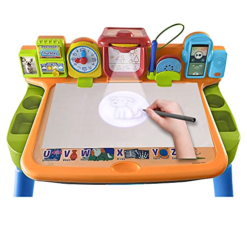 VTech Escritorio mágico Interactivo, Mesa de Aprendizaje para niños +3 años, Pizarra para Tiza y Caballete, Taburete Incluido-Versión ESP (3480-540922), Color