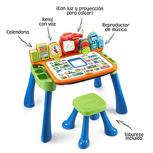 VTech Escritorio mágico Interactivo, Mesa de Aprendizaje para niños +3 años, Pizarra para Tiza y Caballete, Taburete Incluido-Versión ESP (3480-540922), Color