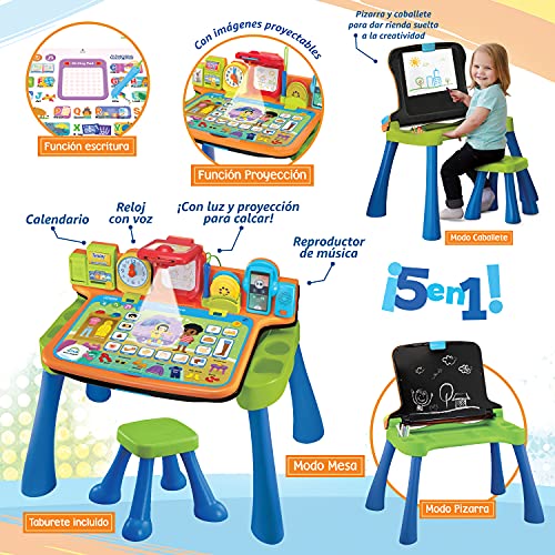 VTech Escritorio mágico Interactivo, Mesa de Aprendizaje para niños +3 años, Pizarra para Tiza y Caballete, Taburete Incluido-Versión ESP (3480-540922), Color