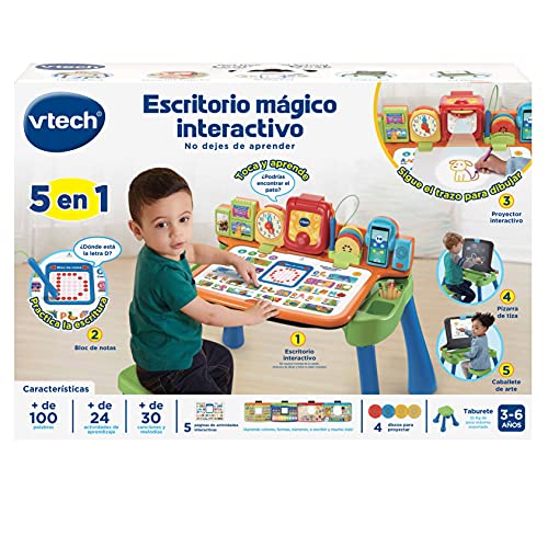 VTech Escritorio mágico Interactivo, Mesa de Aprendizaje para niños +3 años, Pizarra para Tiza y Caballete, Taburete Incluido-Versión ESP (3480-540922), Color