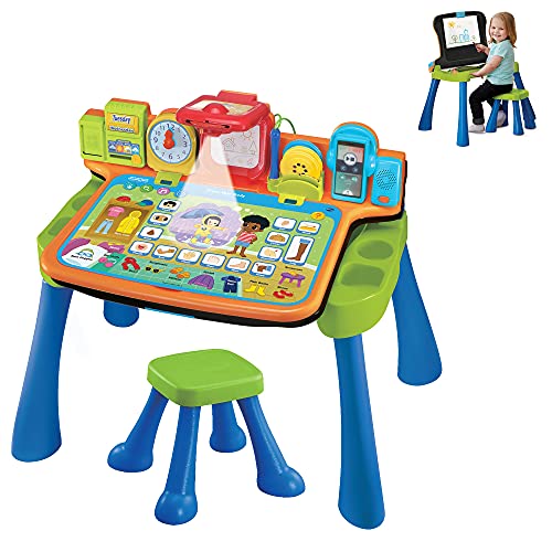 VTech Escritorio mágico Interactivo, Mesa de Aprendizaje para niños +3 años, Pizarra para Tiza y Caballete, Taburete Incluido-Versión ESP (3480-540922), Color