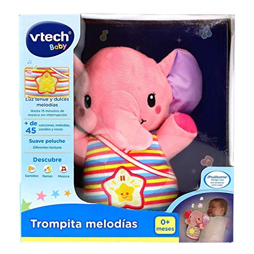 VTech-Trompito, Elefante de Peluche para bebé, Musical, luz de Noche, con más de 45 Voces, Canciones y melodías, Color Rosa, (3480-508657)