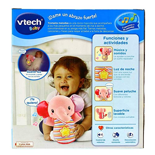 VTech-Trompito, Elefante de Peluche para bebé, Musical, luz de Noche, con más de 45 Voces, Canciones y melodías, Color Rosa, (3480-508657)