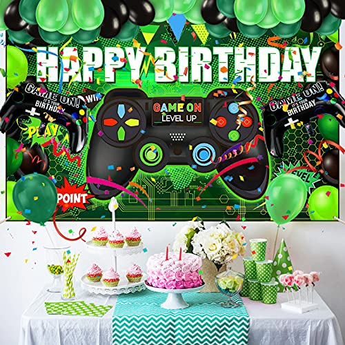 Vubkkty Pancarta de feliz cumpleaños y globos, videojuego Banner feliz cumpleaños telón de fondo, juegos temáticos fiesta fotografía fondo, accesorios de decoración de cumpleaños para niños