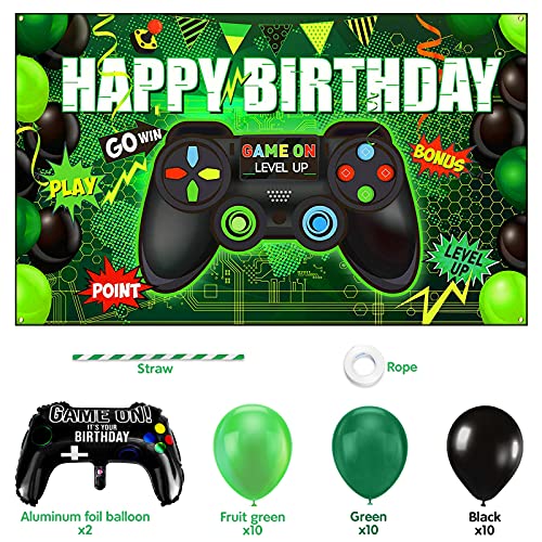 Vubkkty Pancarta de feliz cumpleaños y globos, videojuego Banner feliz cumpleaños telón de fondo, juegos temáticos fiesta fotografía fondo, accesorios de decoración de cumpleaños para niños