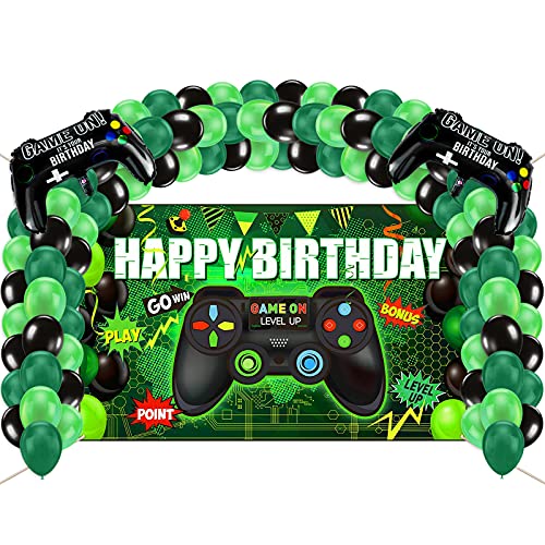 Vubkkty Pancarta de feliz cumpleaños y globos, videojuego Banner feliz cumpleaños telón de fondo, juegos temáticos fiesta fotografía fondo, accesorios de decoración de cumpleaños para niños