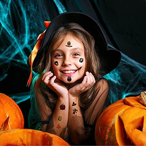 WEDNOK 12 Hojas de Tatuajes de Halloween para niños, Pegatinas de Tatuaje Temporal, Bruja, Calabaza, Tatuaje para niños, Tela de araña murciélago, Pegatina para la Cara para niños y niñas decoración