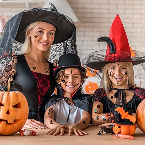 WEDNOK 12 Hojas de Tatuajes de Halloween para niños, Pegatinas de Tatuaje Temporal, Bruja, Calabaza, Tatuaje para niños, Tela de araña murciélago, Pegatina para la Cara para niños y niñas decoración