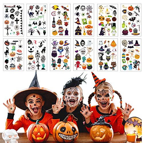 WEDNOK 12 Hojas de Tatuajes de Halloween para niños, Pegatinas de Tatuaje Temporal, Bruja, Calabaza, Tatuaje para niños, Tela de araña murciélago, Pegatina para la Cara para niños y niñas decoración