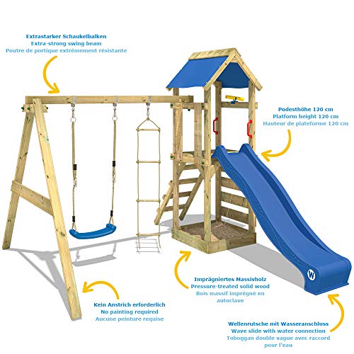 WICKEY Parque infantil de madera FreeFlyer con columpio y tobogán rojo, Torre de escalada de exterior con arenero y escalera para niños