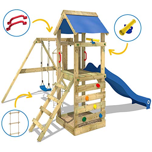 WICKEY Parque infantil de madera FreeFlyer con columpio y tobogán rojo, Torre de escalada de exterior con arenero y escalera para niños