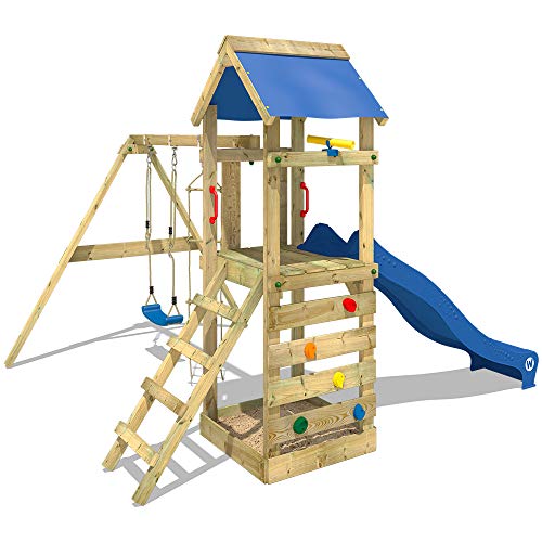 WICKEY Parque infantil de madera FreeFlyer con columpio y tobogán rojo, Torre de escalada de exterior con arenero y escalera para niños