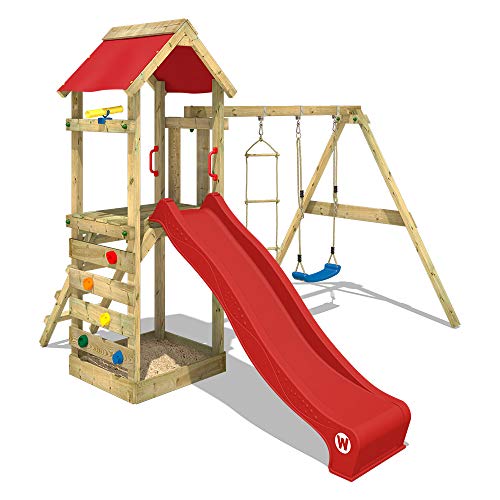 WICKEY Parque infantil de madera FreeFlyer con columpio y tobogán rojo, Torre de escalada de exterior con arenero y escalera para niños