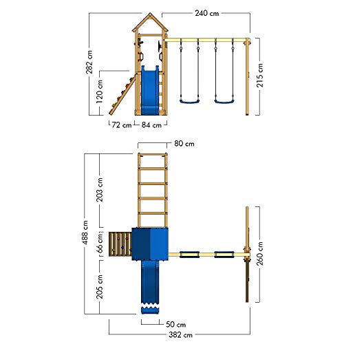 WICKEY Parque infantil de madera Smart Bridge con columpio y tobogán azul, Área de juegos da exterior, Escalera Sueco con arenero y pared de escalada para niños