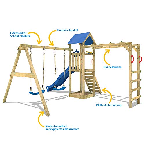 WICKEY Parque infantil de madera Smart Bridge con columpio y tobogán azul, Área de juegos da exterior, Escalera Sueco con arenero y pared de escalada para niños