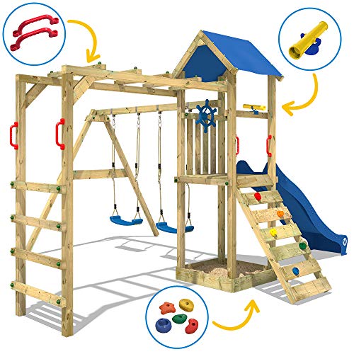 WICKEY Parque infantil de madera Smart Bridge con columpio y tobogán azul, Área de juegos da exterior, Escalera Sueco con arenero y pared de escalada para niños