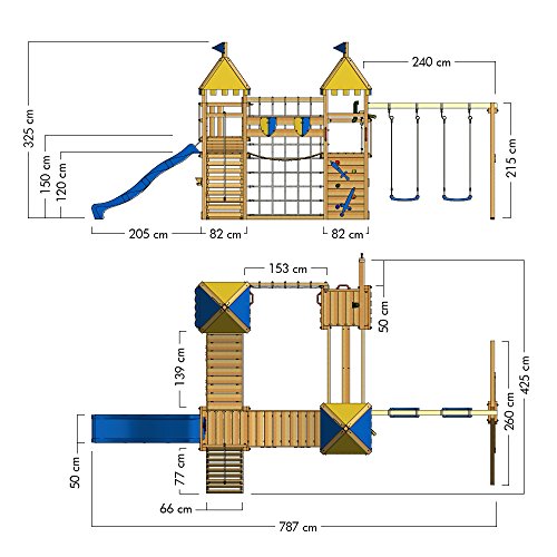 WICKEY Parque infantil de madera Smart Queen con columpio y tobogán azul, Torre de escalada da exterior con arenero y escalera para niños