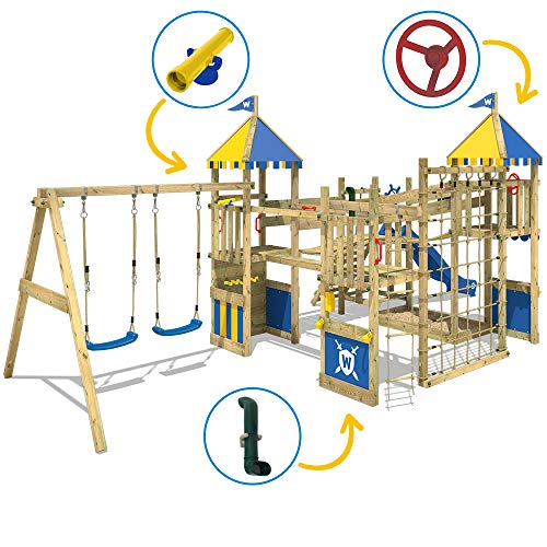 WICKEY Parque infantil de madera Smart Queen con columpio y tobogán azul, Torre de escalada da exterior con arenero y escalera para niños