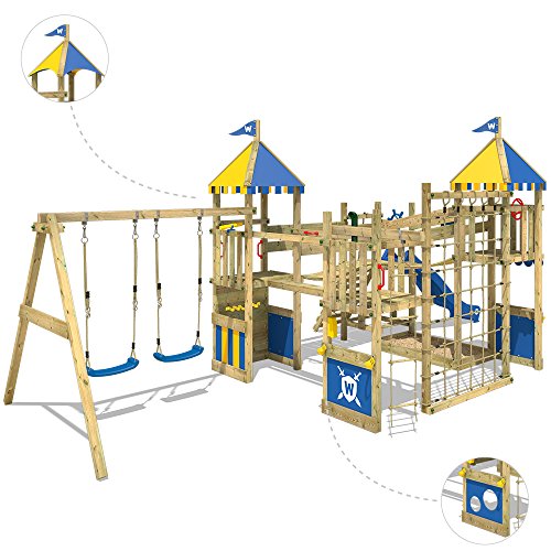 WICKEY Parque infantil de madera Smart Queen con columpio y tobogán azul, Torre de escalada da exterior con arenero y escalera para niños