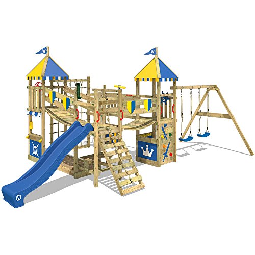 WICKEY Parque infantil de madera Smart Queen con columpio y tobogán azul, Torre de escalada da exterior con arenero y escalera para niños