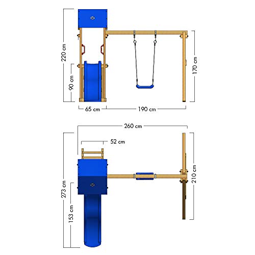 WICKEY Parque infantil de madera TinyWave con columpio y tobogán azul, Torre de escalada da exterior con arenero y escalera para niños