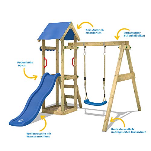 WICKEY Parque infantil de madera TinyWave con columpio y tobogán azul, Torre de escalada da exterior con arenero y escalera para niños