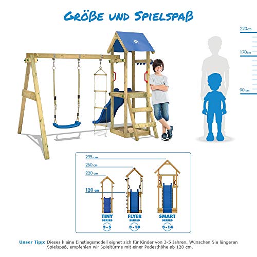 WICKEY Parque infantil de madera TinyWave con columpio y tobogán azul, Torre de escalada da exterior con arenero y escalera para niños