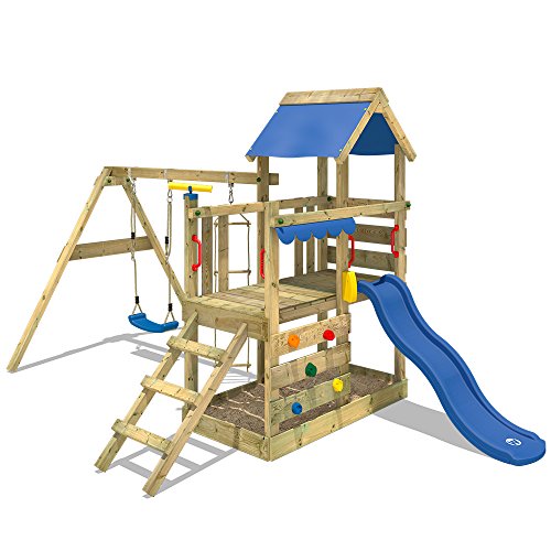 WICKEY Parque infantil de madera TurboFlyer con columpio y tobogán azul, Torre de escalada de exterior con arenero y escalera para niños