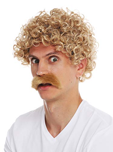 WIG ME UP- 2191-ZA82A Peluca Bigote Carnaval Halloween Hombres Pelo Rizado Rubio los años 70