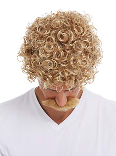 WIG ME UP- 2191-ZA82A Peluca Bigote Carnaval Halloween Hombres Pelo Rizado Rubio los años 70