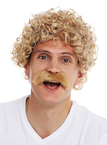 WIG ME UP- 2191-ZA82A Peluca Bigote Carnaval Halloween Hombres Pelo Rizado Rubio los años 70